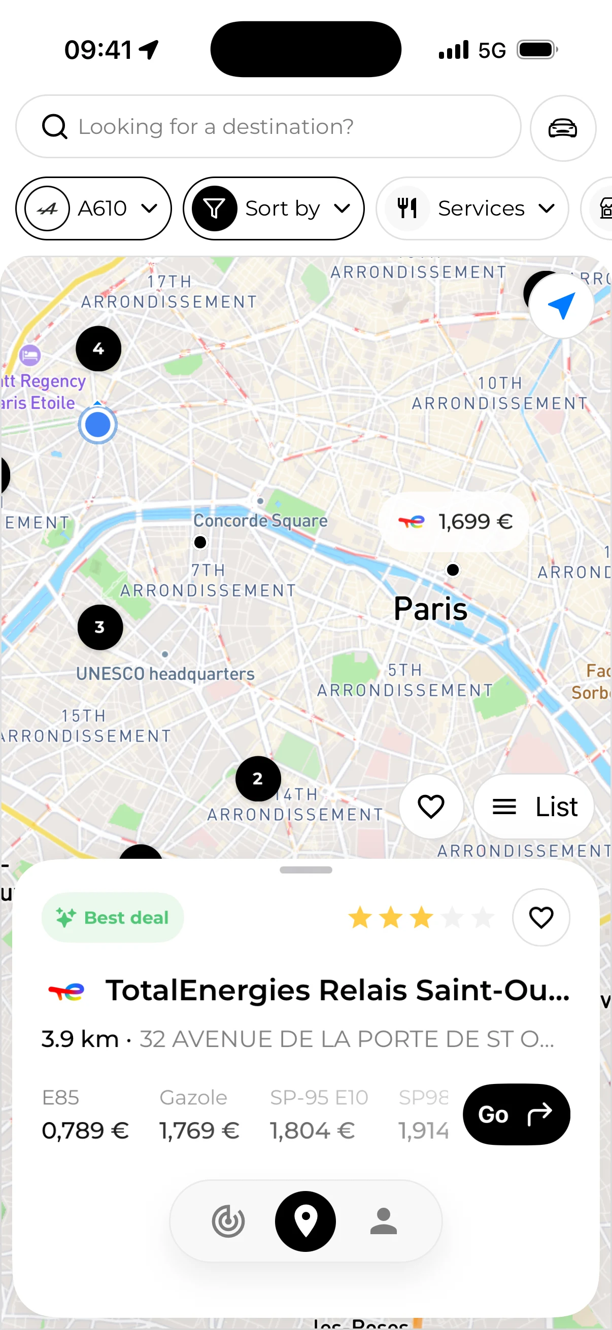 Fillzz map with fuel stations, fuel prices and the selected station