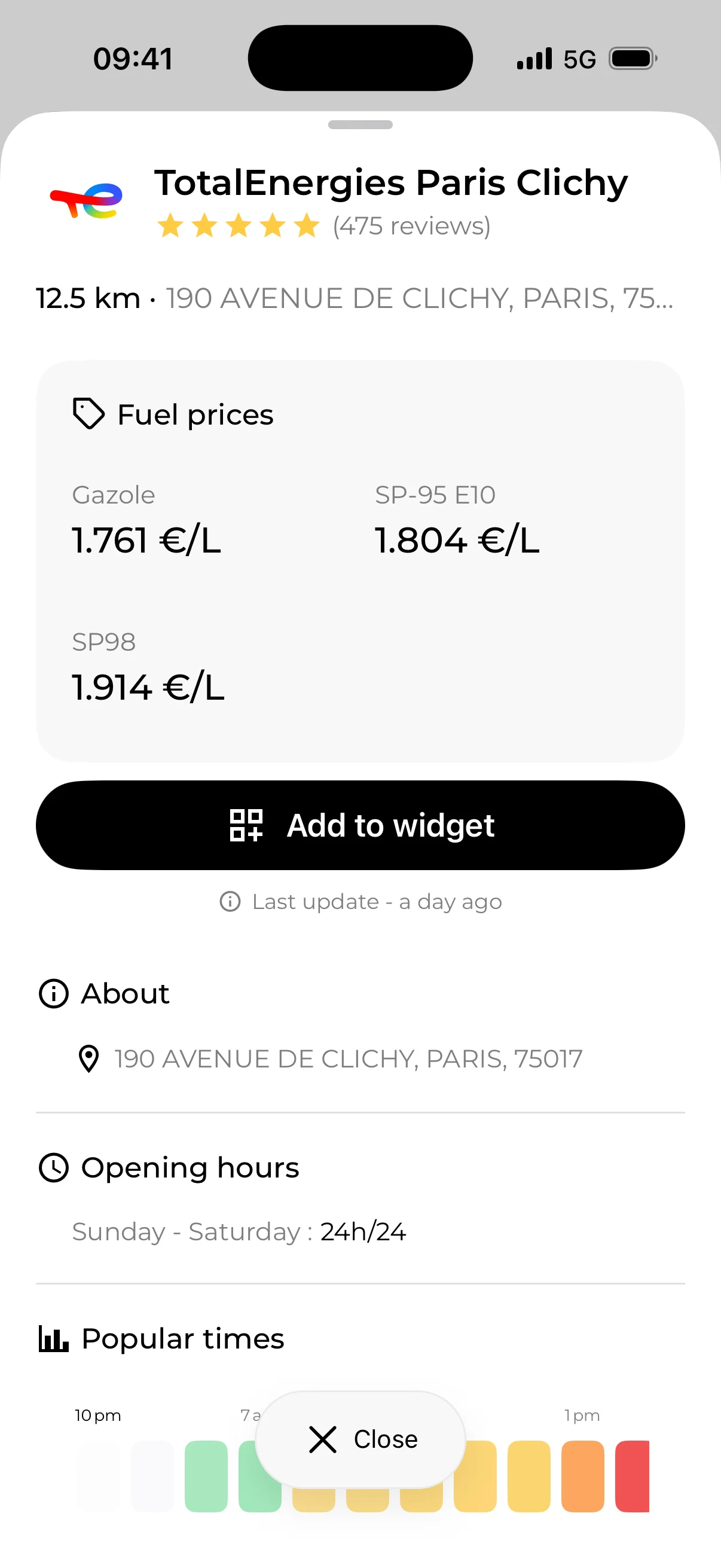 Fillzz station details with prices for each fuel and useful information