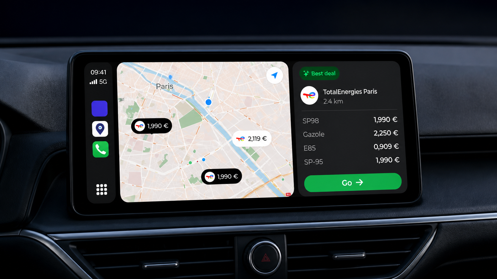 Illustration of Fillzz on a CarPlay display: map, station and navigation